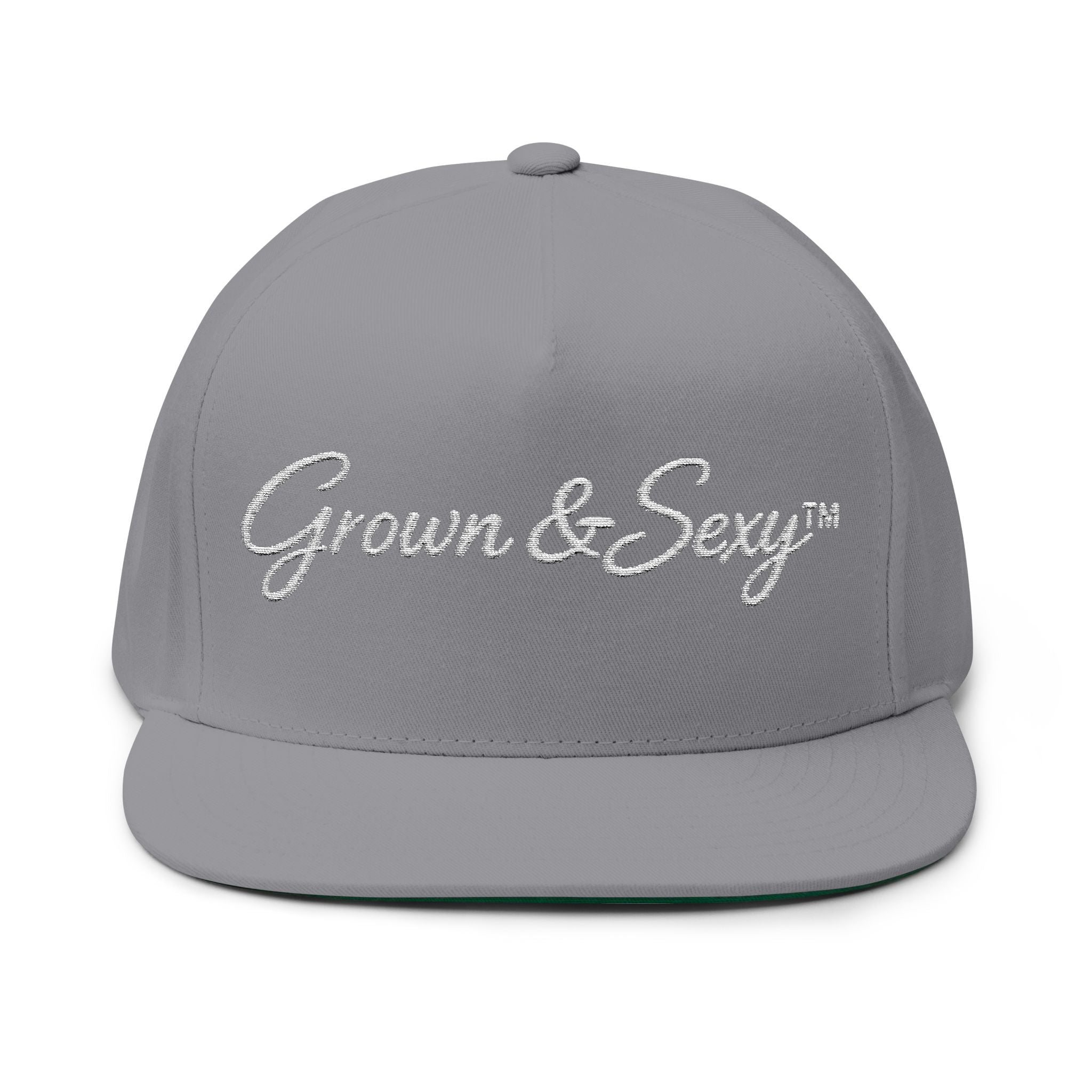 Flat Bill Cap — Embroidered 'Grow & Sexy' Script Snapback