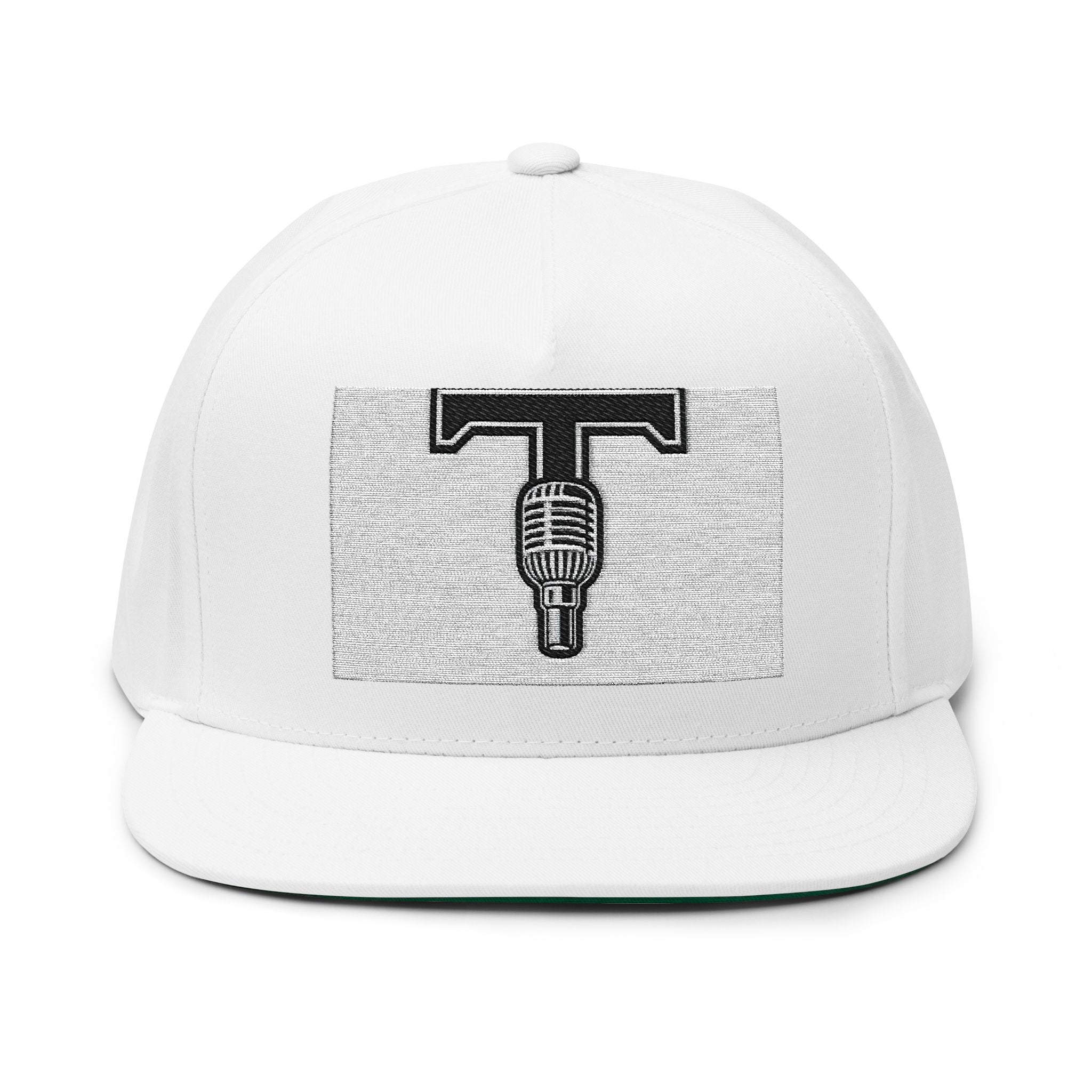 Flat Bill Cap — Embroidered Microphone & Letter T Logo Snapback