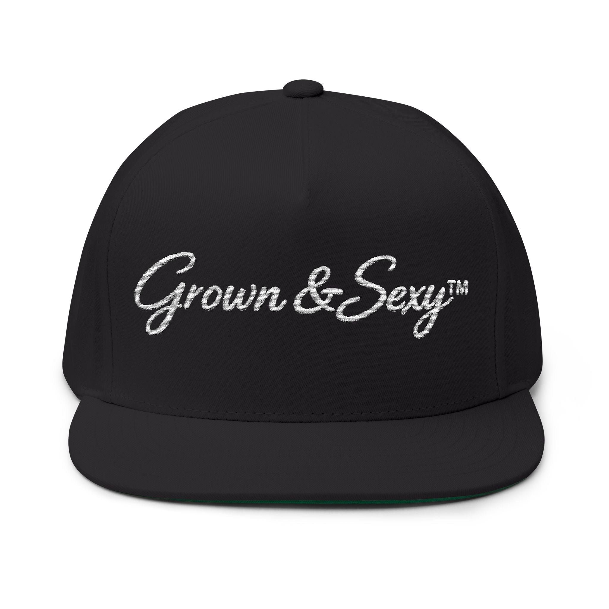 Flat Bill Cap — Embroidered 'Grow & Sexy' Script Snapback